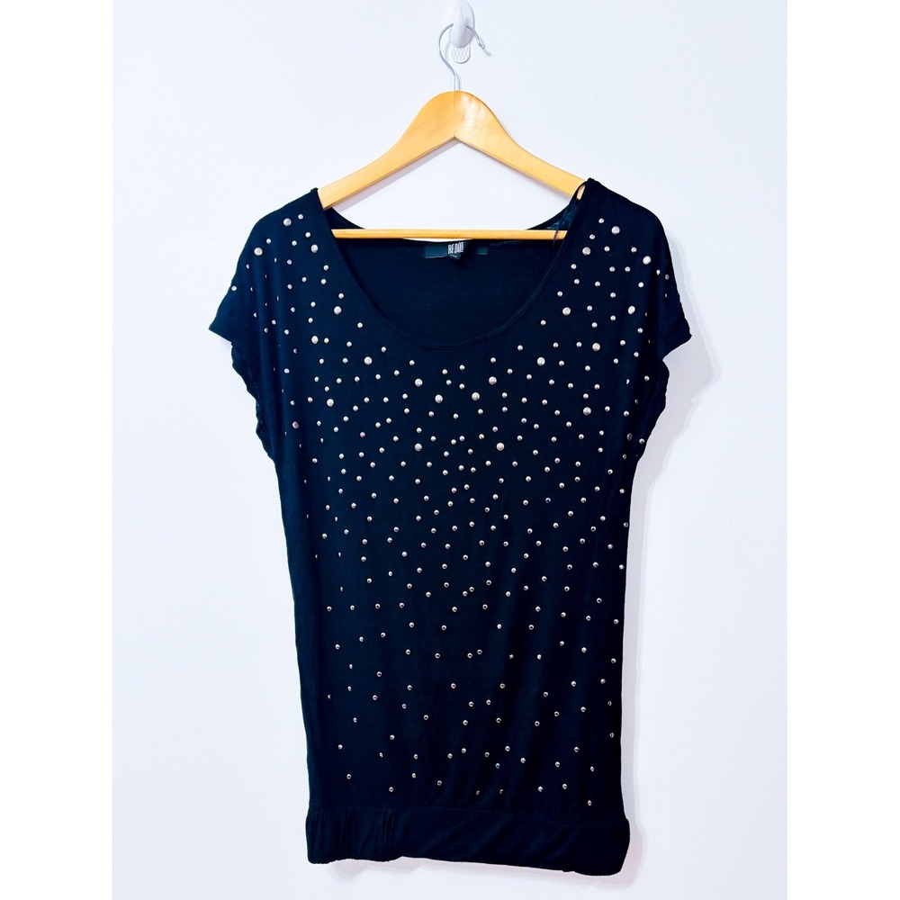 BEDO Black Silver Studded Tunic Top Short Sleeve Scoop Neck Rocker X-Small